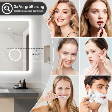 Дзеркало для ванної кімнати LUVODI з підсвічуванням 100x70 см: годинник, температура, дата, проти запотівання, регулювання яскравості, 3 кольори світла, функція пам'яті, LED, Bluetooth, збільшення 3x