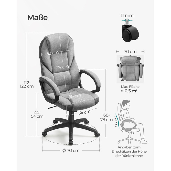Крісло офісне SONGMICS, крісло для офісу, крісло для комп'ютера, крісло шеф-менеджера, регульована висота, оббивка, сірий (54 x 50 x 112-122 см)