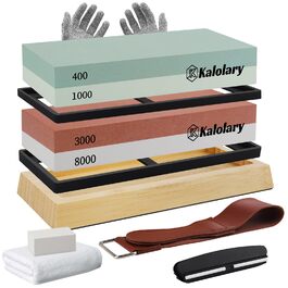 Набір брусків для заточування ножів Kalolary (11 шт), двосторонній 400/1000, 3000/8000, з кутовим направлячем та шкіряним ременем