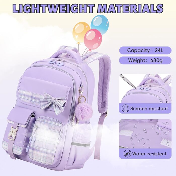 Шкільний рюкзак Tanou для дівчаток, водонепроникний, з ручкою-телескопом, візерунок 'каваї', 9-16 років (фіолетовий)