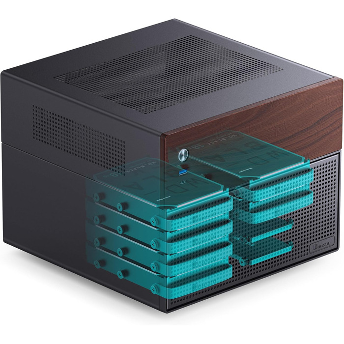 Корпус Jonsbo N4 NAS чорного кольору – компактний Micro-ATX корпус для саморобних NAS, підтримка 6x 3.5' та 2x 2.5' HDD, 4 слоти Low-Profile, USB-C & USB-A, дерев'яний дизайн