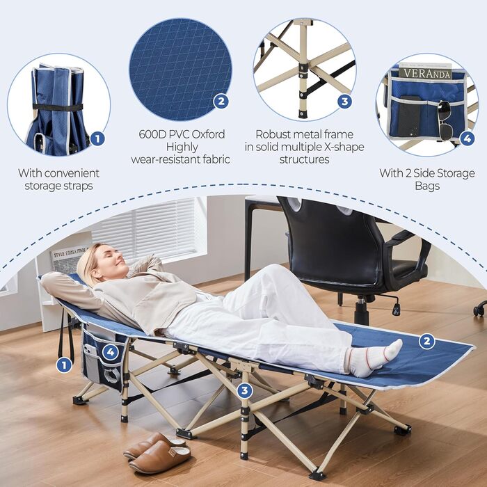 Ліжко гостьове Yaheetech складане для кемпінгу, блакитне, до 150 кг, з бічною кишенею та сумкою для транспортування