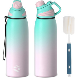 Stainless Steel Water Bottle 600 ml/800 ml/1 l with Magnetic Lid, BPA-Free, Insulated Water Bottle, Sports Metal Water Bottle, Hot and Cold Drinks, Vacuum Flask, Work, Travel (600 ml, Green/Pink)