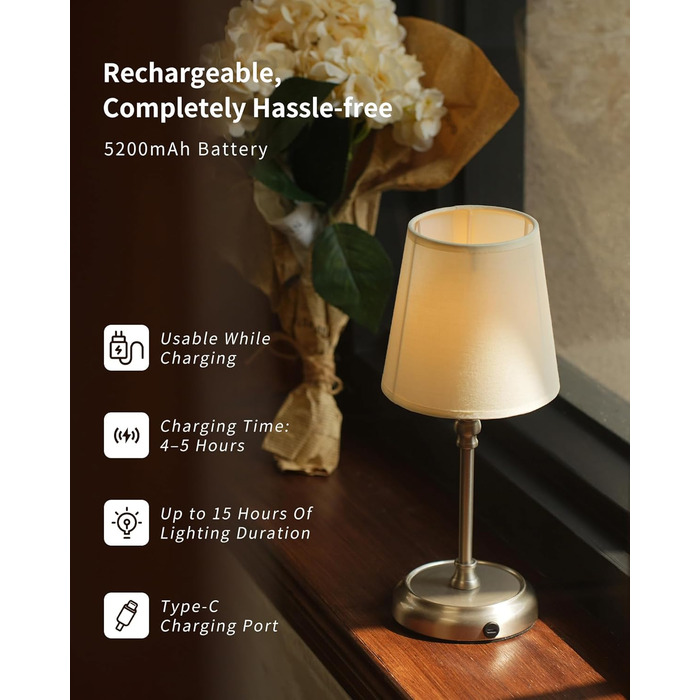 Нічник бездротовий акумуляторний Wiederaufladbare для вітальні, спальні, їдальні - Gold (з лампочкою, димування, сенсорне управління, 5200 mAh)