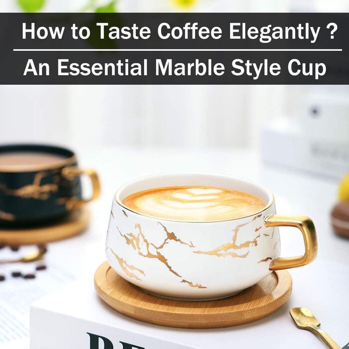 Келихи для капучино VETIN (2 шт.) з підставкою, мармурова кераміка, 300 мл, для еспресо, чаю, кави, капучино, з дерев'яною підставкою (білий)