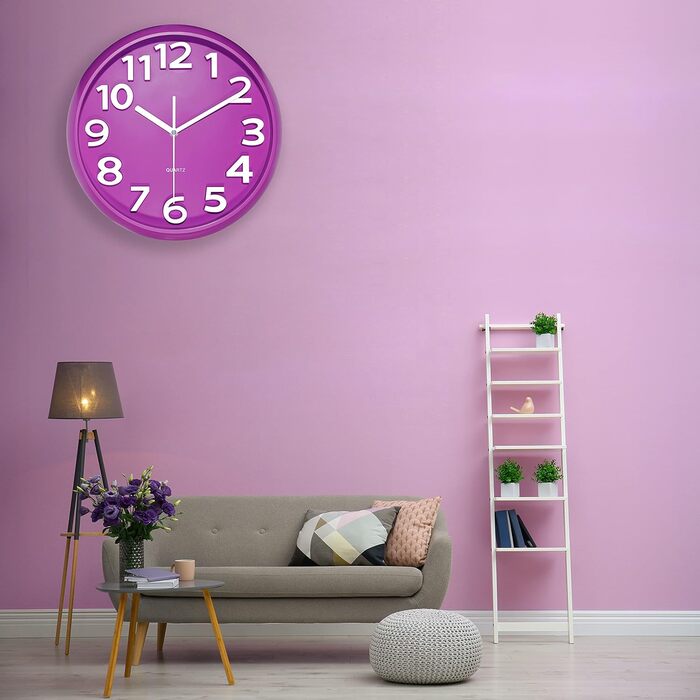 Plumeet 40.6cm Extra Large Wall Clock, Non-Ticking Silent Quartz Decorative Clocks, Modern Style Good for Living Room, Kitchen, Living Room, Bedroom, Office, Large 3D Number Display, (White) (25 cm, Violet)