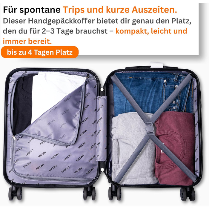 Чемодан NOWI Bergamo: водостійкий, 8 коліс, 360°, телескопічна ручка, повне внутрішнє оздоблення (M, Чорний полунічний)