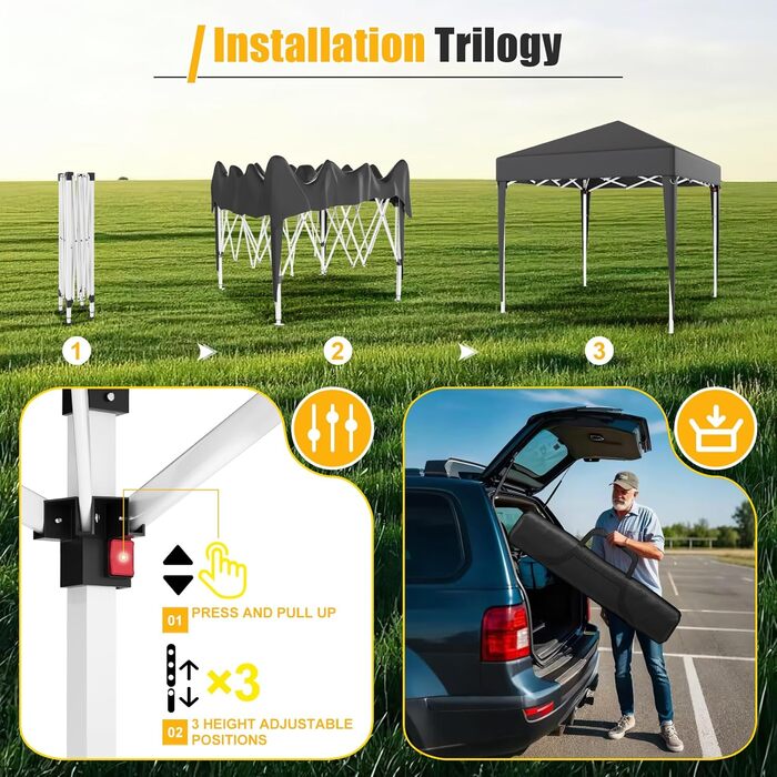 Devoko Gazebo, 2x2 Meter Waterproof, Stable, Winter-Proof, 3-Position Height Adjustment, Foldable Gazebo UV Protection 50+, Folding Tent, Foldable Gazebo with Carry Bag, For Garden, Outdoor, Camping, Grey