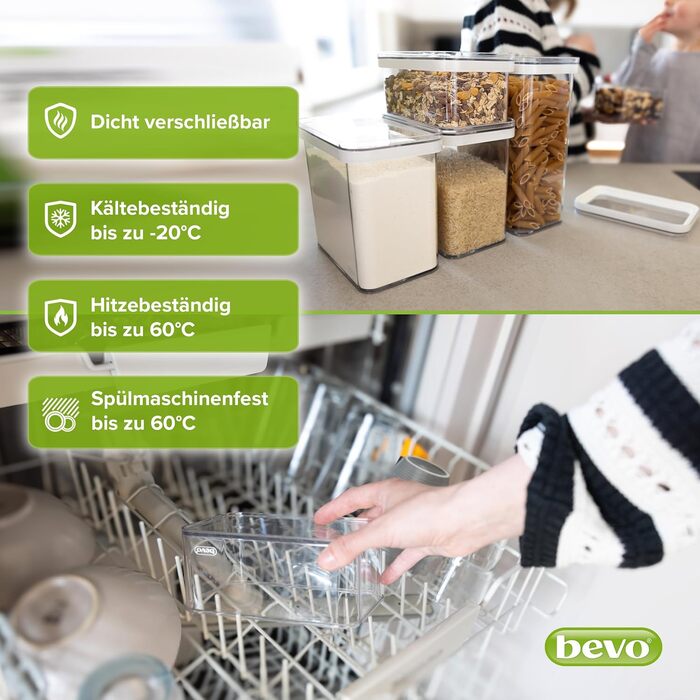 bevo - Set of 5 Storage Containers for the Kitchen made of PET with Lid for Food - Storage Containers & Storage Boxes BPA-free, Airtight - Boxes for Storing & Organizing Cereal, Flour, Pasta & Rice