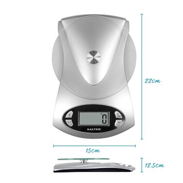 Кухонні ваги Salter зі чашею - ваги для кухні, з мірною чашею, 5 кг, LCD-дисплей, нержавіюча сталь, для випічки та приготування їжі (1.8л)