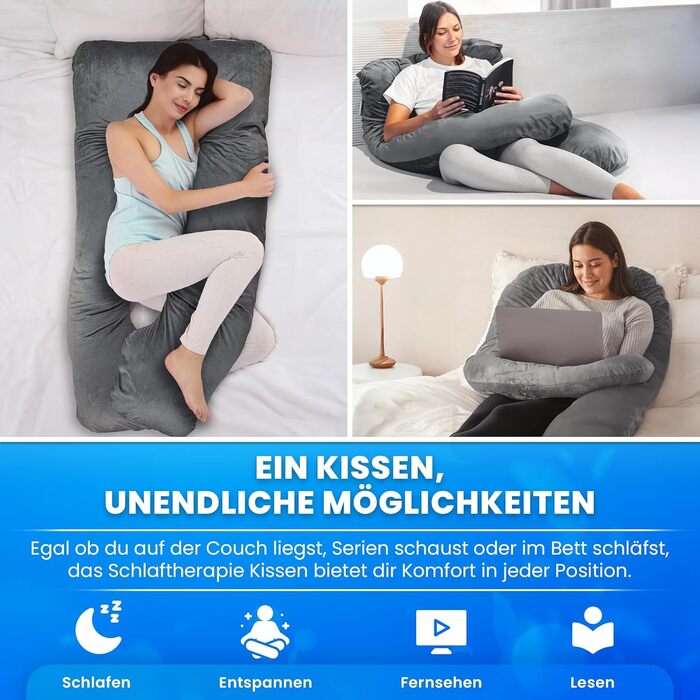 Подушка PillowDaddy для сну та терапії: для бічного сну, при болях в спині, стегнах та сідничному нерві | U-подібна подушка для вагітних та годування XXL