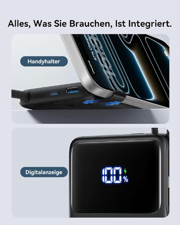 Повербанк INIU 45W 10000mAh з вбудованим кабелем USB-C, швидка зарядка для iPhone 16 17 Pro, Samsung S22, Xiaomi, iPad, чорний