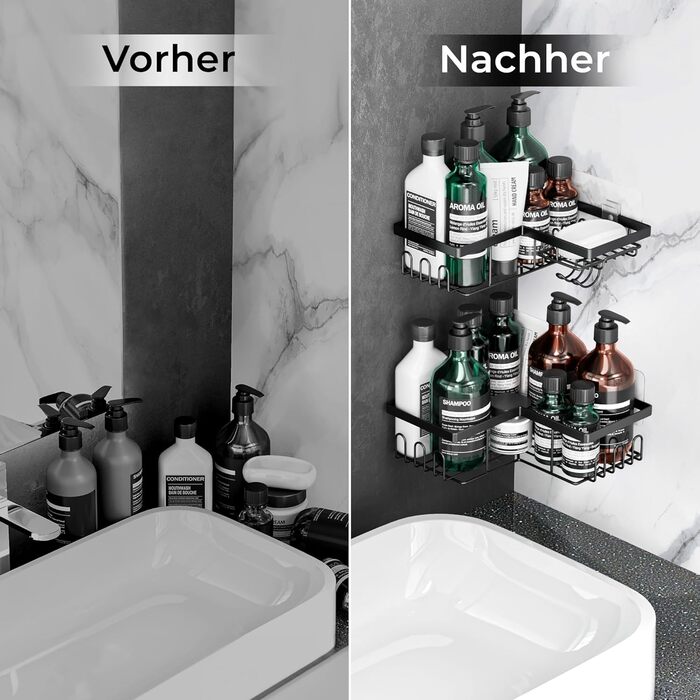 Настінна поличка для душу без свердління - 2 шт. | Дзеркальна | Чорна | Набір для зберігання в ванній кімнаті, органайзер для шампуню, душовий кошик