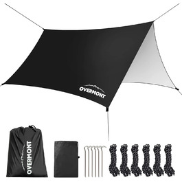 Намет Overmont 3x3м, Тент, Сонячний Павільйон з 6 кілочками та 6 мотузками. Захист від сонця для гамака, відпочинку на природі, подорожей та пікніків (Чорний)
