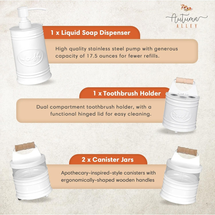 Autumn Alley Rustikales Bathroom Accessories Set 4 – Black Soap Dispenser, Rustic Toothbrush Holder, 2 Apothecary Jars Qtip Holder – Rustic Bathroom Decor – Farmhouse Bathroom Accessories (White/Opulent Garden)