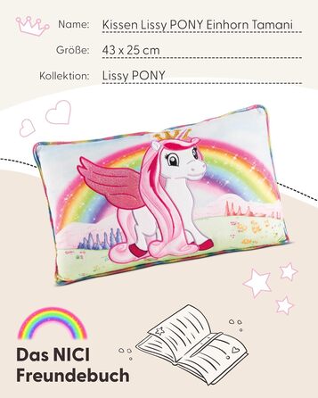Дитяча подушка NICI Lissy PONY Einhorn Tamani 43x25 см, м'яка кольорова подушка-єдиноріг для дітей і дорослих, для дому, садочка або подорожей