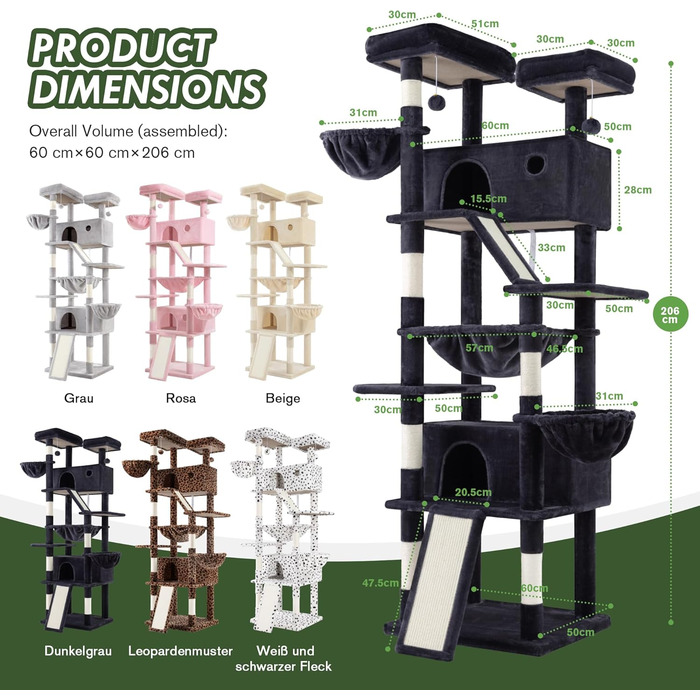 Кігтеточка MUTICOR велика, 206 см, багатоповерхова, велике будиночок для котів/кігтеточка для квартирних котів, плюшеві лежанки, гамак-корзина, широка база (темно-сірий)