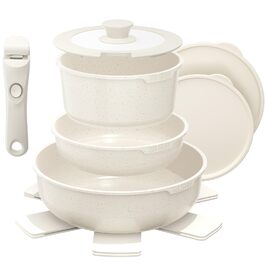 Набір каструль та сковорідок YASHE 9 шт. з антипригарним покриттям, білий, для всіх плит, сталевий, знімний ручка, сумісний з духовкою, економія місця