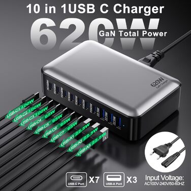 Зарядний пристрій USB-C 620W Gan: 10 портів (7xUSB-C + 3xUSB-A) для швидкої зарядки ноутбуків, iPhone, Samsung Galaxy, MacBook Pro/Air, Dell