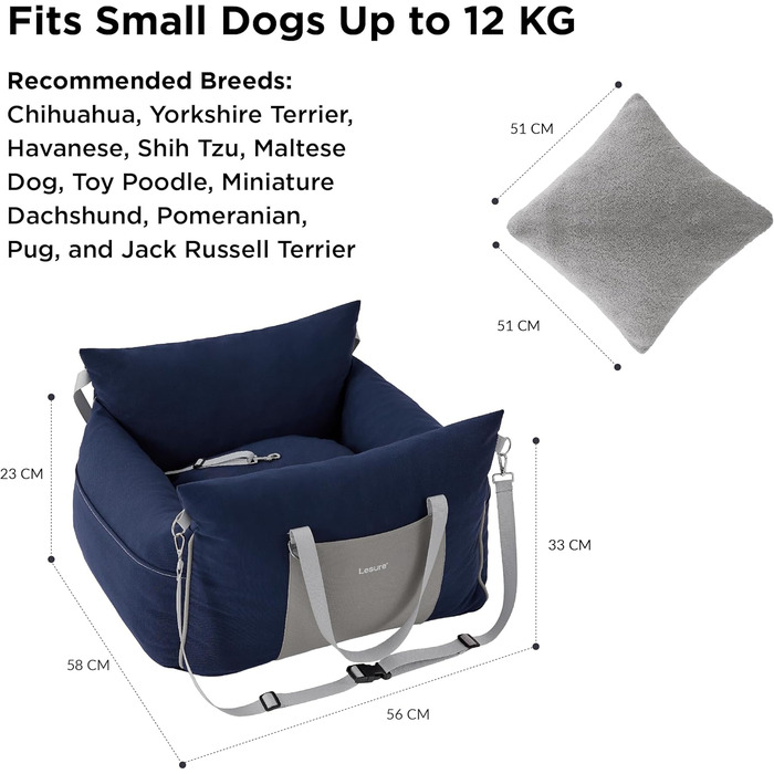 Pet Car Seat for Small Dogs - Waterproof and Washable Dog Car Seat with Storage Pockets, Detachable Safety Leash, and Thickened Memory Foam Filling, 58x56x33cm, (Navy Blue)
