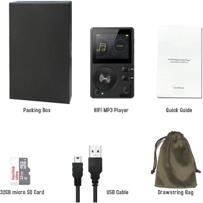 Портативний аудіо плеєр HiFi H2 з Bluetooth, DSD DAC, OTG, підтримкою до 256GB, без втрати якості, 32GB картки пам'яті