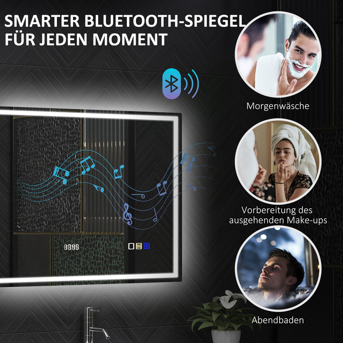 Дзеркало для ванної кімнати HOMCOM з підсвіткою 80x60 см, LED, з Bluetooth, функцією пам'яті, годинником, 3 кольорами світла, запобігає запотіванню, сенсорне управління, сріблястий | Aosom