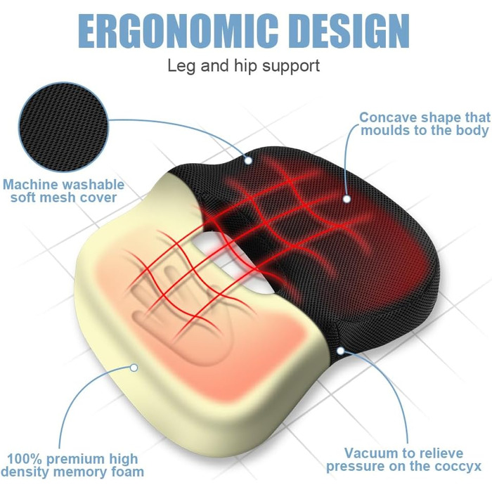 Подушка для сидіння Ainiv, ергономічна подушка з Memory Foam для офісного крісла, інвалідного візка, автомобіля (чорна)