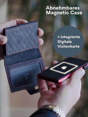 Крутий чохол-картхолдер BORZ Prime для AirTag з відділенням для монет, цифровою візитною карткою, захистом RFID, карбоном та червоною строчкою. Slim, шкіряний, з червоною строчкою.