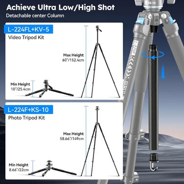 Карбоновий штатив SIRUI L-224F + KS-10 з гідравлічною головою: легкий професійний тривожний штатив для подорожей та відео, висота 152 см, навантаження 5 кг