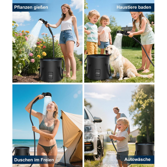 Портативна душова кабіна WADEO з акумулятором, насосом та підсвічуванням, 120 хвилин роботи, LED-підсвічування, комплект мобільної душової з 2м шлангом, душовою насадкою, тримачем та відром для душу, для саду, миття авто, тварин, пляжу, подорожей, чорного