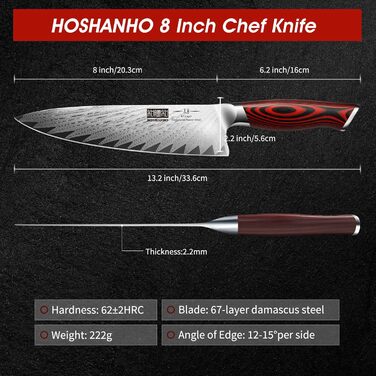 Ніж кухарський HOSHANHO 8 дюймів з дамаської сталі, професійний, ергономічна ручка G10, кухонний ніж