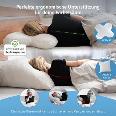 Ергономічна подушка для сну на боці ACAMAR (Memory Foam) з терморегулюючим чохлом, форма метелика, біла