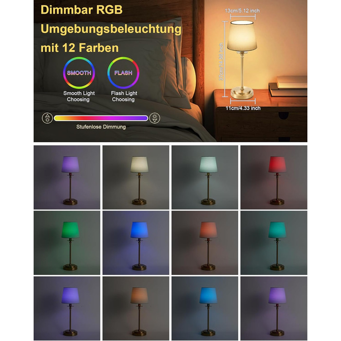 Акумуляторна настільна лампа: портативна, бездротова з регулюванням яскравості, для дому та саду, абажур з льону, античне біле металу, RGB синій абажур