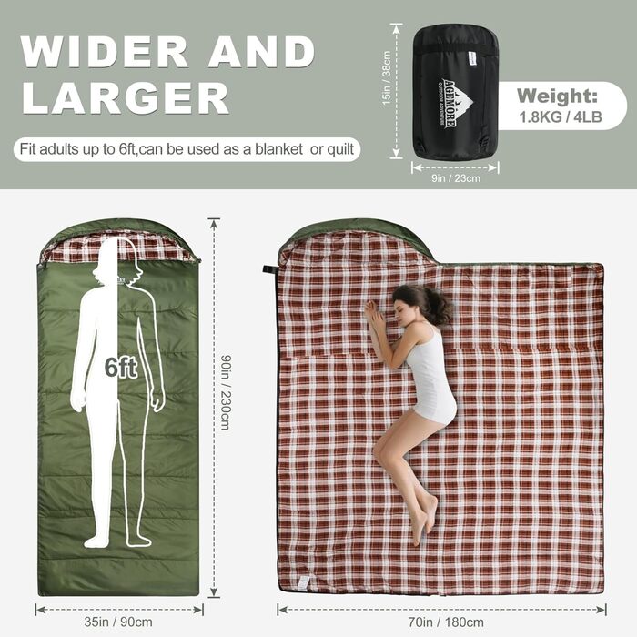 Спальний мішок Baumwoll-Flanell для дорослих: легкий, водонепроникний, 100% бавовна, для кемпінгу, подорожей та відпочинку