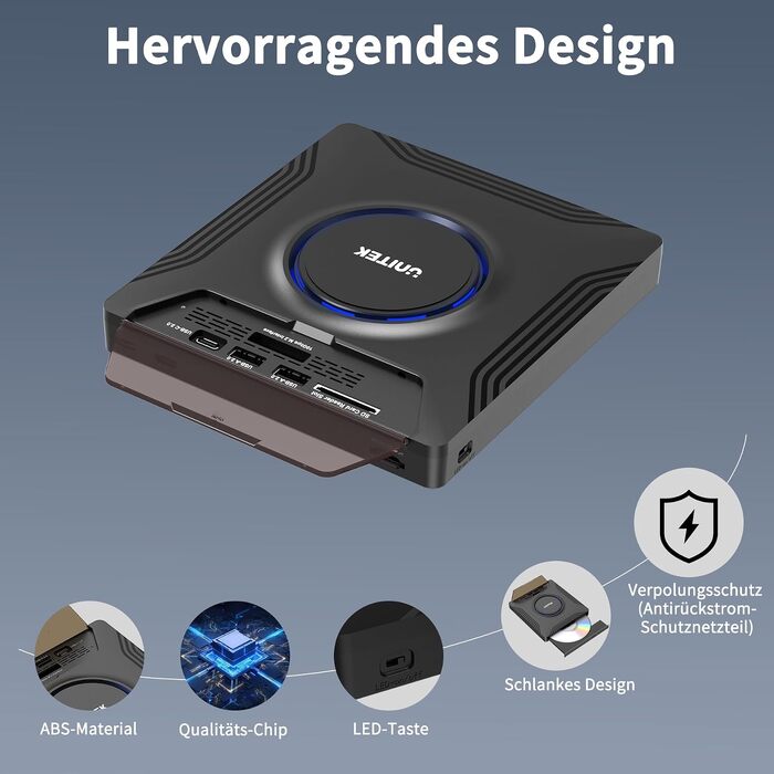Зовнішній CD/DVD привід UNITEK USB-C, портативний DVD-плеєр з картридером SD, USB 3.0 Hub та CD-ROM записником для ноутбуків, ПК, Windows, Linux, macOS (чорний)