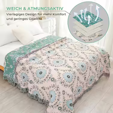 Двосторонній плед HOORDRY Boho з бахромою, 230x250 см, 100% бавовна, зелено-бежевий, з малюнком соняшників для дивана, ліжка, крісла
