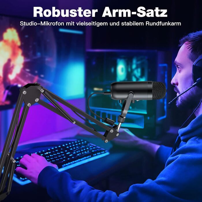 Zealsound USB мікрофон для подкастів та вокалу з шумозаглушенням (чорний) для ПК, телефону, YouTube, PS5, iPhone, Mac. З підставкою-держателем та адаптерами.
