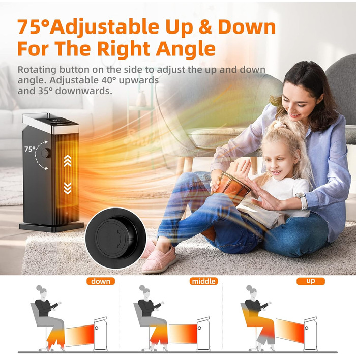 OMISOON Heater 2000W, ECO energy-saving, PTC thermostat heating with 90° oscillation, 24h timer, wind setting, multiple protection, remote control, 4 modes, for home, bedroom, office