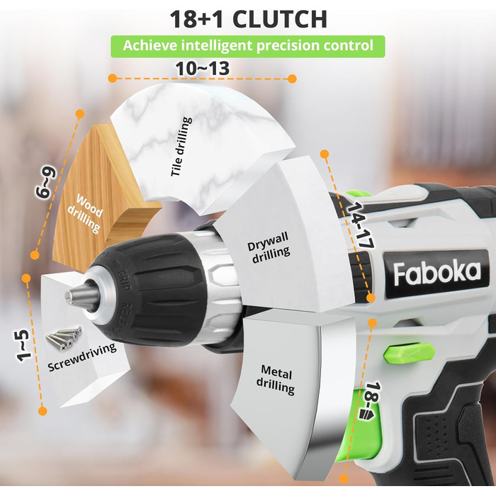 Faboka 21V акумуляторний шуруповерт, комплект з 2 акумуляторами 2.0Ah, 40Nm, 18+1 ступенів, 10мм патрон, регулювання швидкості, LED-підсвічування, для ремонту та DIY
