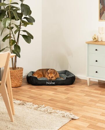 Ліжко для собак Lionto з двостороннім подушкою та неслизьким дном, міцне лежання для собак та котів будь-якого віку, 60x48 см, м'яке собаче ліжко, (Д 90 x Ш 70 x В 20 см (з нанесенням імені), чорний/сірий)