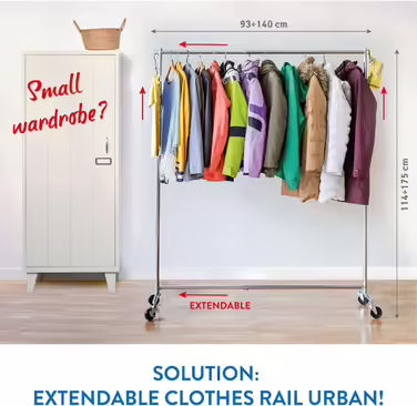 Tatkraft New York Clothes Rack Extendable Width and Height, Clothes Rack on Wheels, 86-143 x 44 x 100-165 cm, Mobile Stable Clothes Rack made of Stainless Steel (Steel)