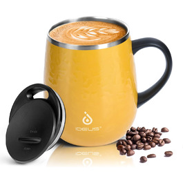 Кружка для кави та чаю Ideus 470 мл з подвійними стінками, з нержавіючої сталі, з нековзким ручним тримачем та кришкою-ковзаючою панеллю, великий об'єм (Трав'яний зелений) (Леопардовий жовтий)