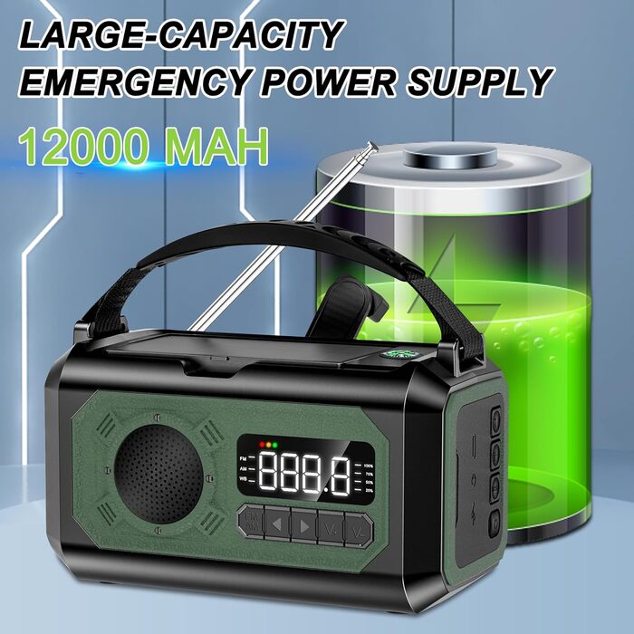 Радіо на сонячних батареях з ручним заводом 12000 mAh, AM/FM/NOAA, ліхтарик, SOS, Power Bank, зелений – для дому та подорожей