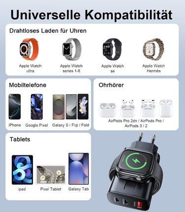 Зарядний пристрій 4-в-1 для Apple Watch та iPhone: 40W USB-C, швидка зарядка PD, сумісний з Apple Watch 10/9/8/7/6/Ultra/SE, iPhone 17/16/15 Pro Max, iPad, AirPods (білий)