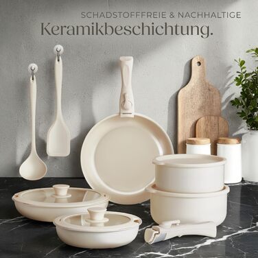 Набір посуду Tectake 16 предметів для індукції з керамічним антипригарним покриттям: каструлі, сковороди, кришки. Знімні ручки.