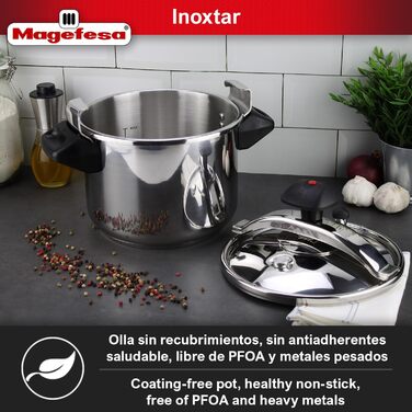 Скороварка Magefesa Inoxtar 10 л, нержавіюча сталь 18/10, індукція, здорове приготування, 5-шаровий термодно, поворотний замок