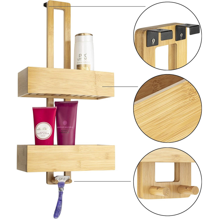 ONVAYA® Shower Shelf - No Drilling Required | Bamboo | Bathroom Shelf for Hanging | Shower Shelf Made of Wood | Hanging Shelf for the Shower
