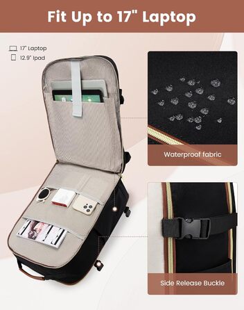 Рюкзак LOVEVOOK для ручної поклажі літака, 40L, водонепроникний, для ноутбука 17 дюймів, для подорожей, школи, роботи, кемпінгу (бежевий+чорний+коричневий)