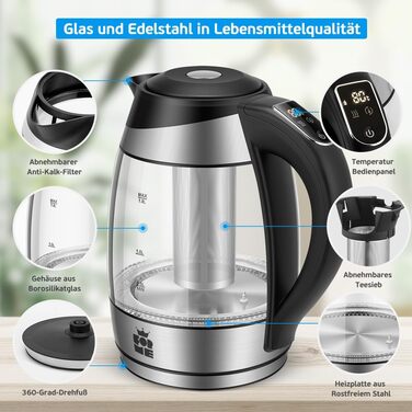 Електричний чайник FOR ME Glas з ситом, 1.8L, регулювання температури 40-100°C, 7 кольорів LED, підтримання тепла, без BPA
