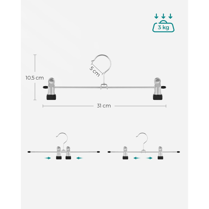 Набір вішалок для штанів SONGMICS (10 шт.), металеві, 31 см, з кліпсами, для штанів, спідниць, шкарпеток, міцні, срільно-чорного кольору